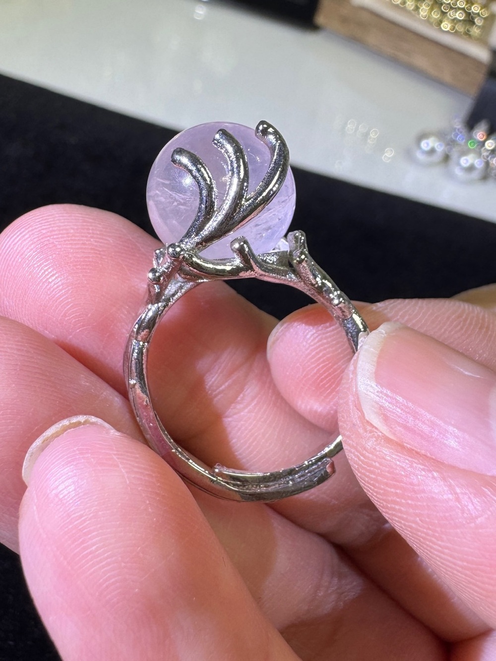 Rotating Soft Pink Rose Quartz Crystal Ball Adjustable Ring